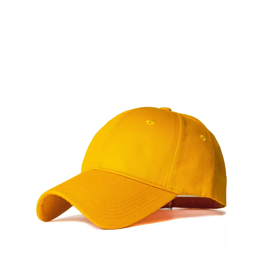 A plain yellow baseball cap on a white background