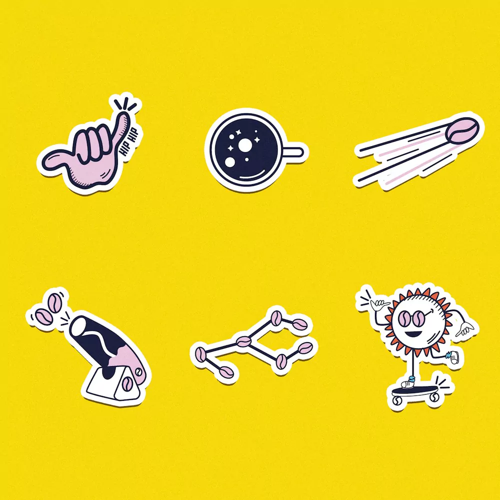 A sheet of illustrated vinyl stickers on a yellow background